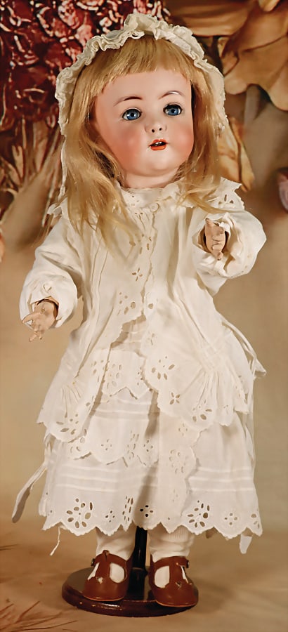 FRANZ, SCHMIDT & CO bisque porcelain-socket head, baby, blue sleepy eyes, opened mouth, 2 upper: FRANZ, SCHMIDT & CO bisque porcelain-socket head, baby, blue sleepy eyes, opened mouth, 2 upper teeth, pierced ears, head glued to, mass Toddler-body, 75 cm, wig German Description FRANZ, SCHMIDT