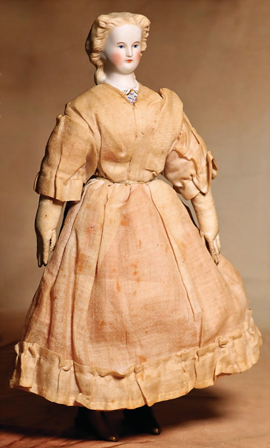 running doll, 28 cm, bisque shoulder headed doll, fine modelled hair, modelled decollete, blue (1 of 4)