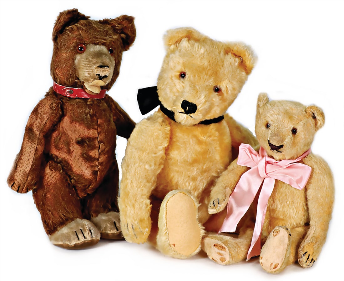 STEIFF 3 pieces, bears, 25 cm, pre-war era, with button, long trailing f, long snaped off arms, (1 of 2)