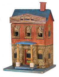 nice, small manufactured dollhouse, before 1900, outside stuck with lithographed paper, covered over