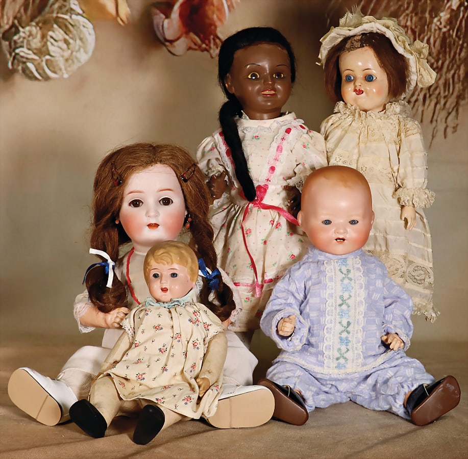 BECK & GOTTSCHALK, ARMAND MARSEILLE mixed lot with 5 pieces, dolls, ALT, BECK & GOTTSCHALK,: BECK & GOTTSCHALK, ARMAND MARSEILLE mixed lot with 5 pieces, dolls, ALT, BECK & GOTTSCHALK, 1362, 39 cm, brown sleepy eyes, opened mouth, upper teeth, standing mass body, ARMAND MARSEILL