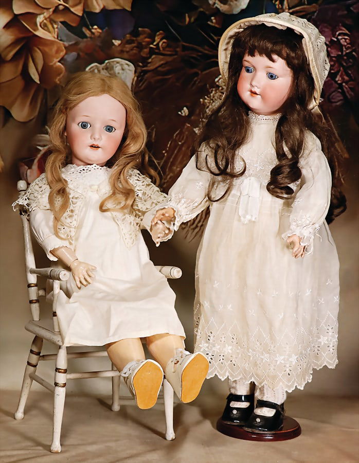 HEUBACH, ARMAND MARSEILLE 2 pieces, bisque porcelain head dolls, HEUBACH, 250, 67 cm, blue sleepy: HEUBACH, ARMAND MARSEILLE 2 pieces, bisque porcelain head dolls, HEUBACH, 250, 67 cm, blue sleepy eyes, opened mouth, upper teeth, dimple at chin, jointed body, back of the head was probably restored,