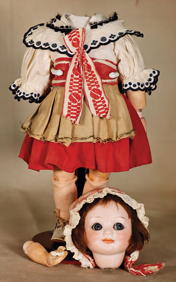 ARMAND MARSEILLE 323, 30 cm, bisque socket head, loose enclosed, with big blue sleepy eyes that are: ARMAND MARSEILLE 323, 30 cm, bisque socket head, loose enclosed, with big blue sleepy eyes that are looking to the side , closed mouth, mohair wig, standing mass body, with jointed arms, fix wri