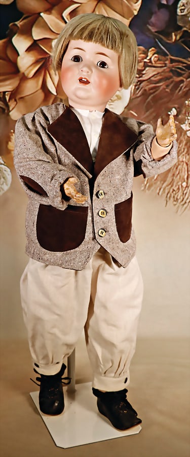 ADOLF HÜLS 262, 72 cm, bisque porcelain head doll, brown sleepy eyes, opened mouth, teeth and: ADOLF HÜLS 262, 72 cm, bisque porcelain head doll, brown sleepy eyes, opened mouth, teeth and tongue, jointed body, small retouched places at body, old real hair wig, clothes were sewed of old fa