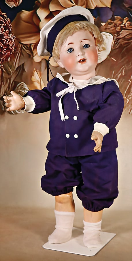 KLEY & HAHN 680 9, bisque porcelain character doll, 62 cm, unusual size, blue sleepy eyes,: KLEY & HAHN 680 9, bisque porcelain character doll, 62 cm, unusual size, blue sleepy eyes, opened mouth, upper teeth, tongue, Toddler-body, old mohair wig, clothes were sewed of old fabric German