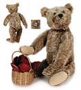 STEIFF bear, c. 1930, pre-war era, with button, block letters, long trailing f, glass eyes, long