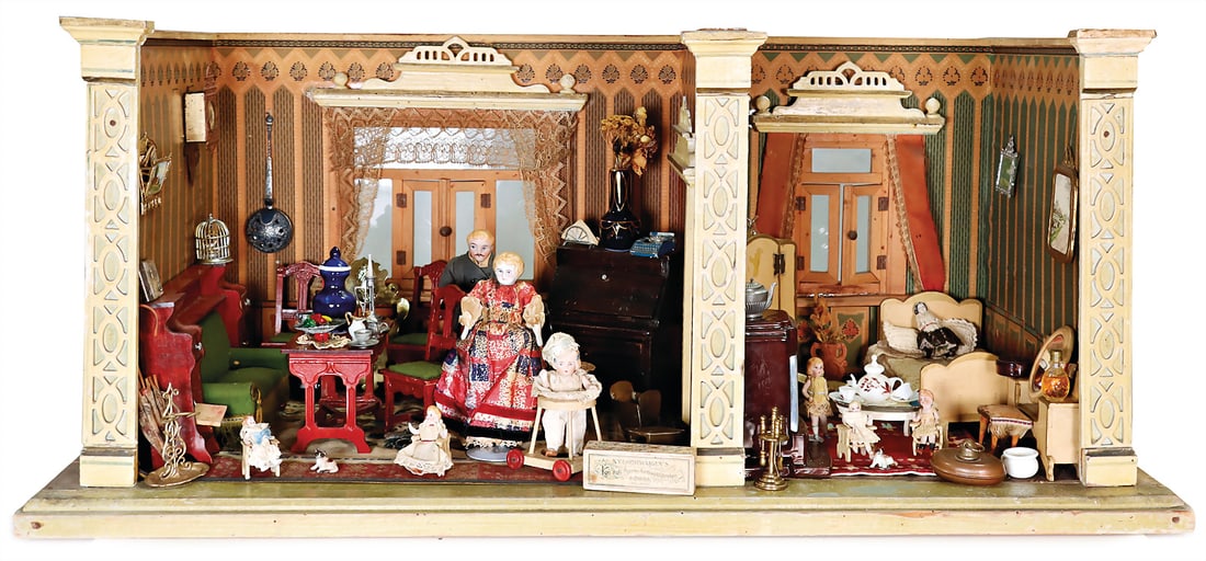 2-part manufactured dollhouse room, width: 79 cm, height: 34.5 cm, 2 windows, passage door, old (1 of 1)