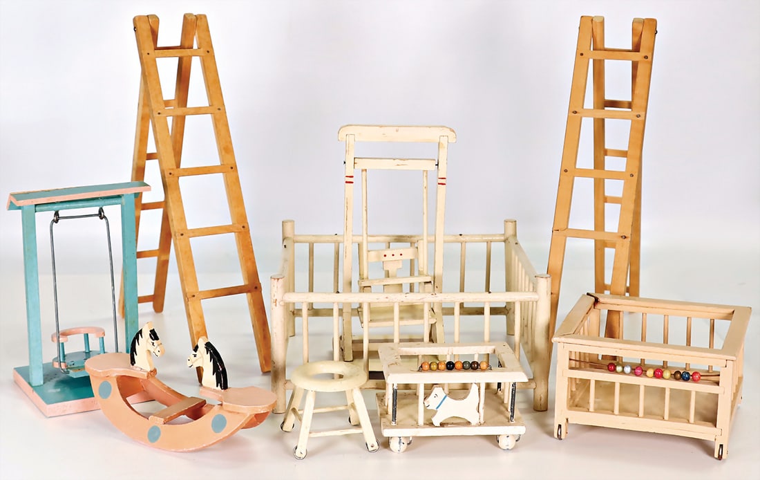 dollhouse decoration pieces, playpen, swings, 1 horses seesaw, 17 cm, small baby walker   German (1 of 1)