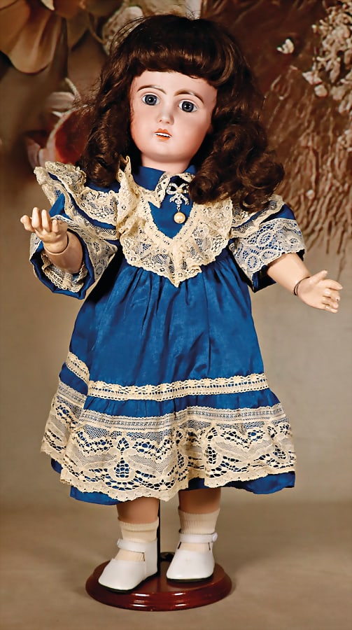 JUMEAU No. 2, bisque porcelain head doll, France, 50 cm, fix inset blue glass eyes, opened: JUMEAU No. 2, bisque porcelain head doll, France, 50 cm, fix inset blue glass eyes, opened mouth, upper teeth, dimple at chin, pierced ears, tear on the forehead, French jointed body, clothes an