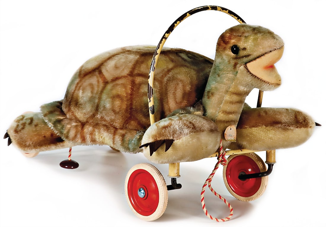STEIFF animal, Slo, turtle, height: 24 cm, complete, chest label is very bleached out, button and (1 of 3)
