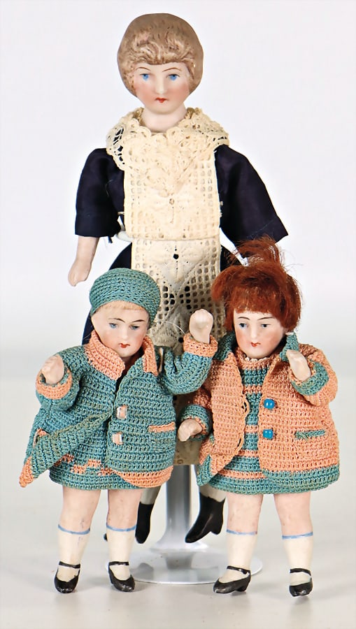 3 pieces, dollhouse dolls, housekeeper, 15.5 cm, bisque shoulder headed doll, arms, and  legs, (1 of 1)