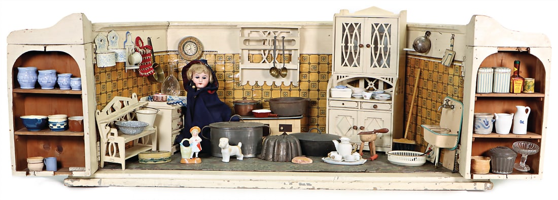 dollhouse kitchen, c. 1920, width: 84 cm, height: 37 cm, furnished, extensive accessories, with (1 of 1)