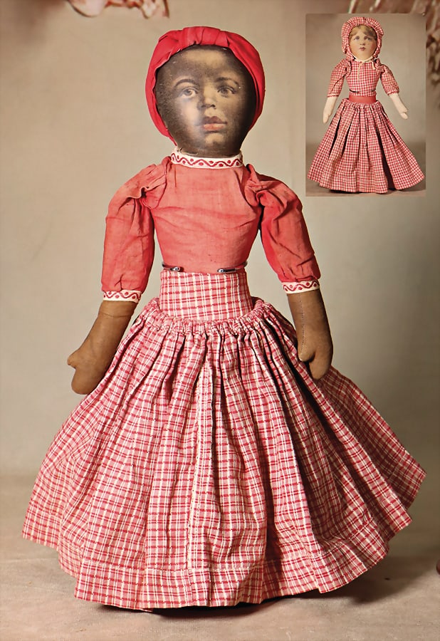 Topsy-Turvy, American, around 1910, up painted face, bright and dark-skinned girl, loose mounted (1 of 2)