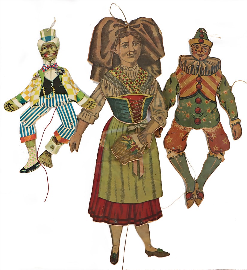 mixed lot of jumping jacks, wood stuck with lithographed paper, 3 pieces, 35-54 cm German: mixed lot of jumping jacks, wood stuck with lithographed paper, 3 pieces, 35-54 cm German Description Konv. Hampelmänner, Holz mit lithogr. Papier beklebt, 3 Teile, 35-54 cm