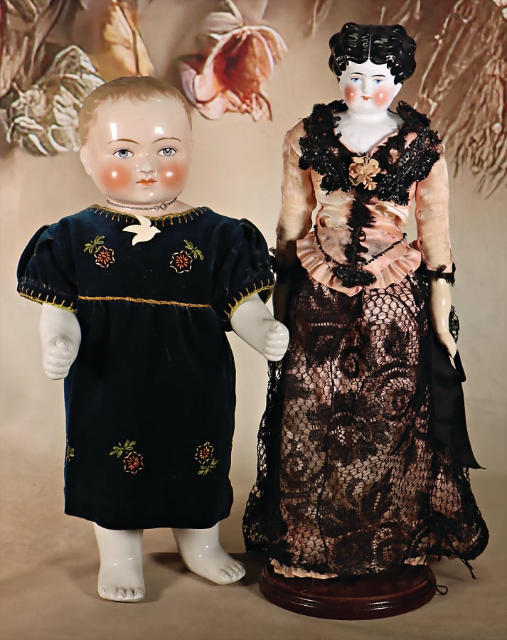 2 dolls, 1 Frozen Charly, nudie, 40 cm, blue painted eyes, closed mouth, glazed porcelain, with 1x (1 of 1)