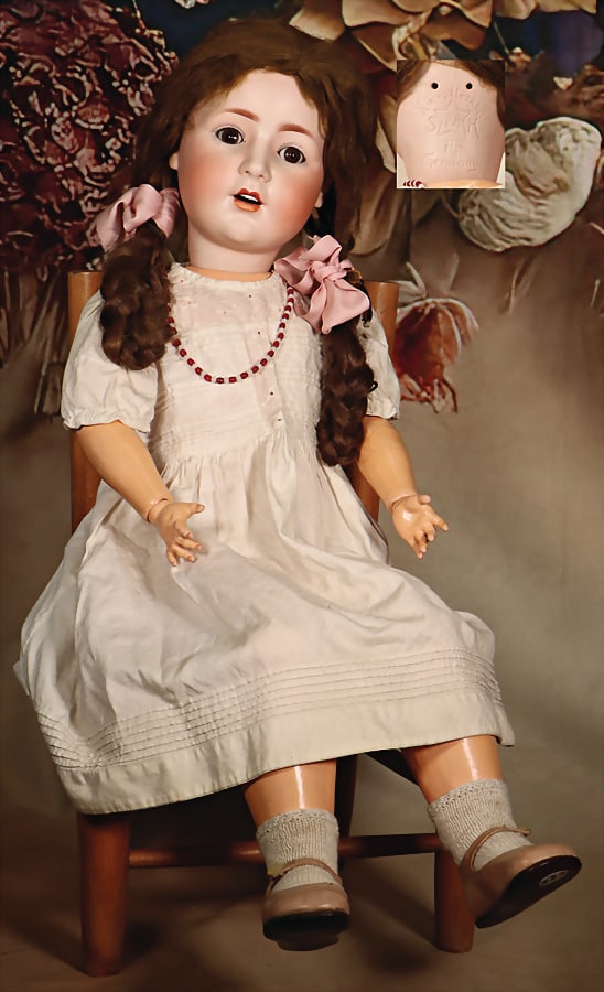 PB in star, bisque porcelain socket head, mark in the neck artist head PB in star SH 14 Germany,: PB in star, bisque porcelain socket head, mark in the neck artist head PB in star SH 14 Germany, brown sleepy eyes, opened mouth, line of upper teeth, 2 teeth wer colorwise retouched, wig is fix appli