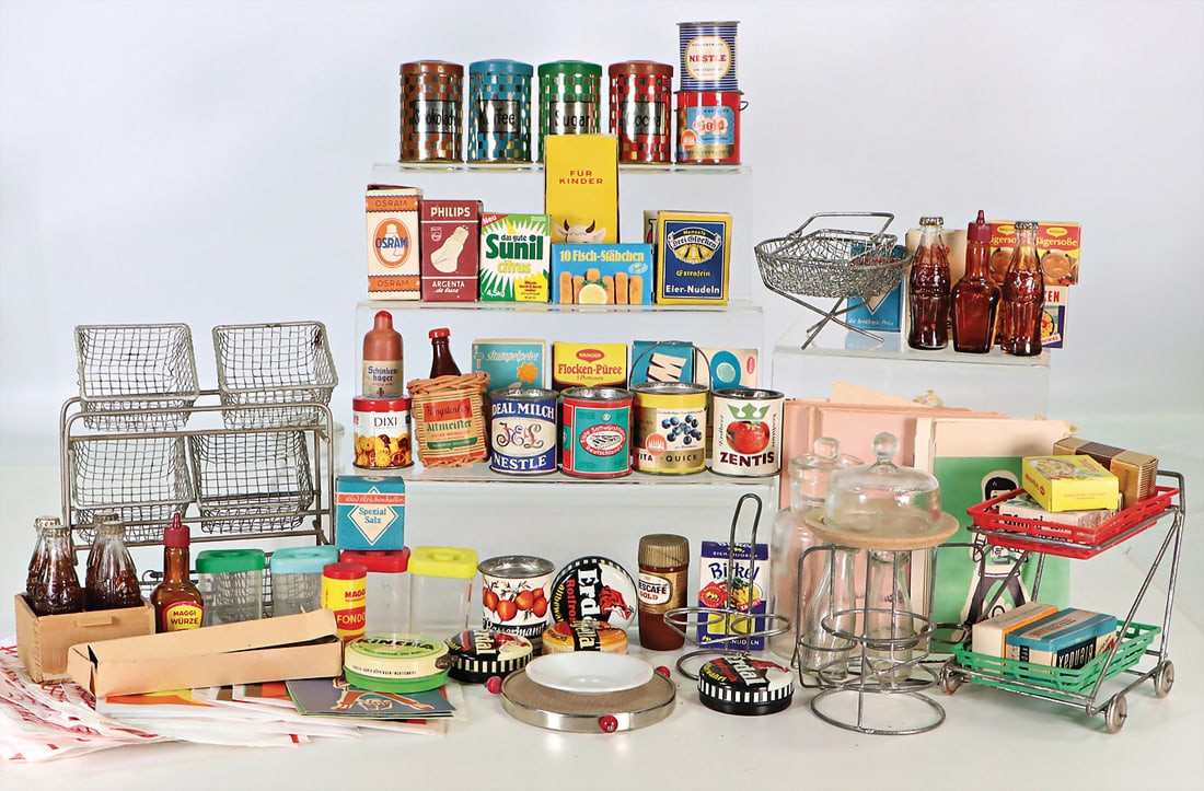 mixed lot of decoration pieces for shop, some tins, tinplate enameled, jugs, bottles u.v.m., (1 of 1)