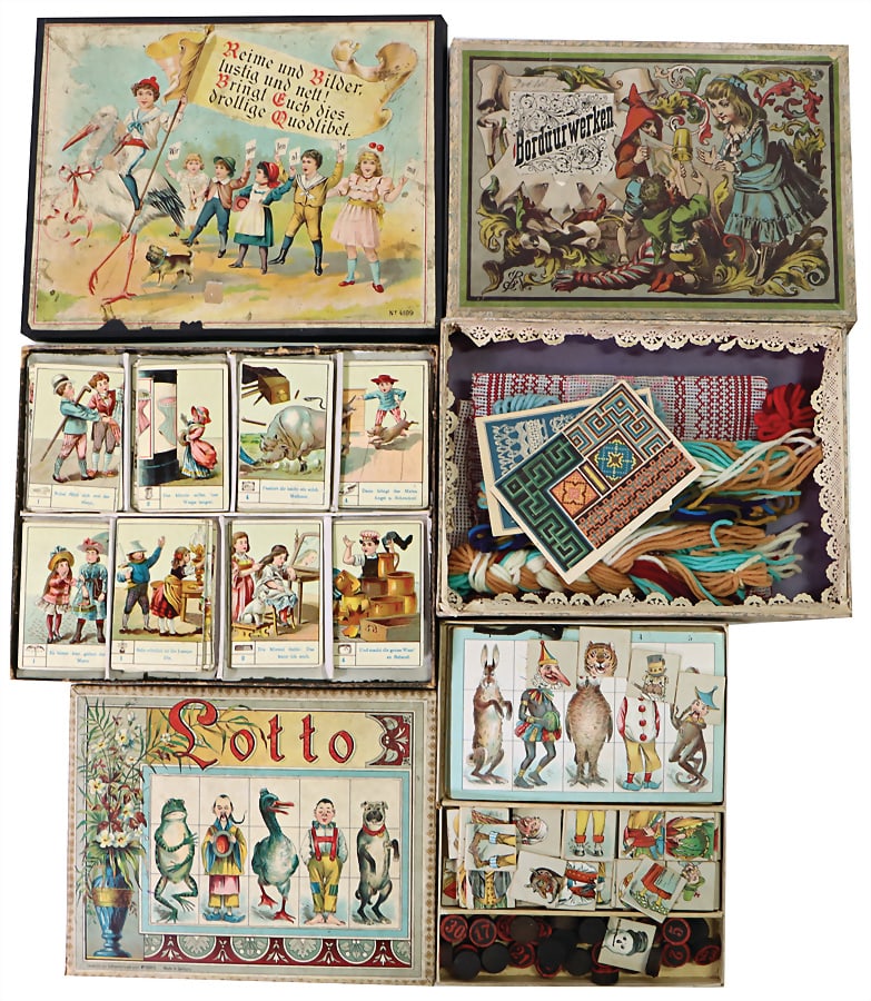 very nice embroidery game "Borduur Werken", unused, 26x18 cm, with lottery Made in Germany No.: very nice embroidery game "Borduur Werken", unused, 26x18 cm, with lottery Made in Germany No. 12812, complete nice condition, marked Vancampenhout, and "Reime u. Bilder lustig u. nett bringt euch die