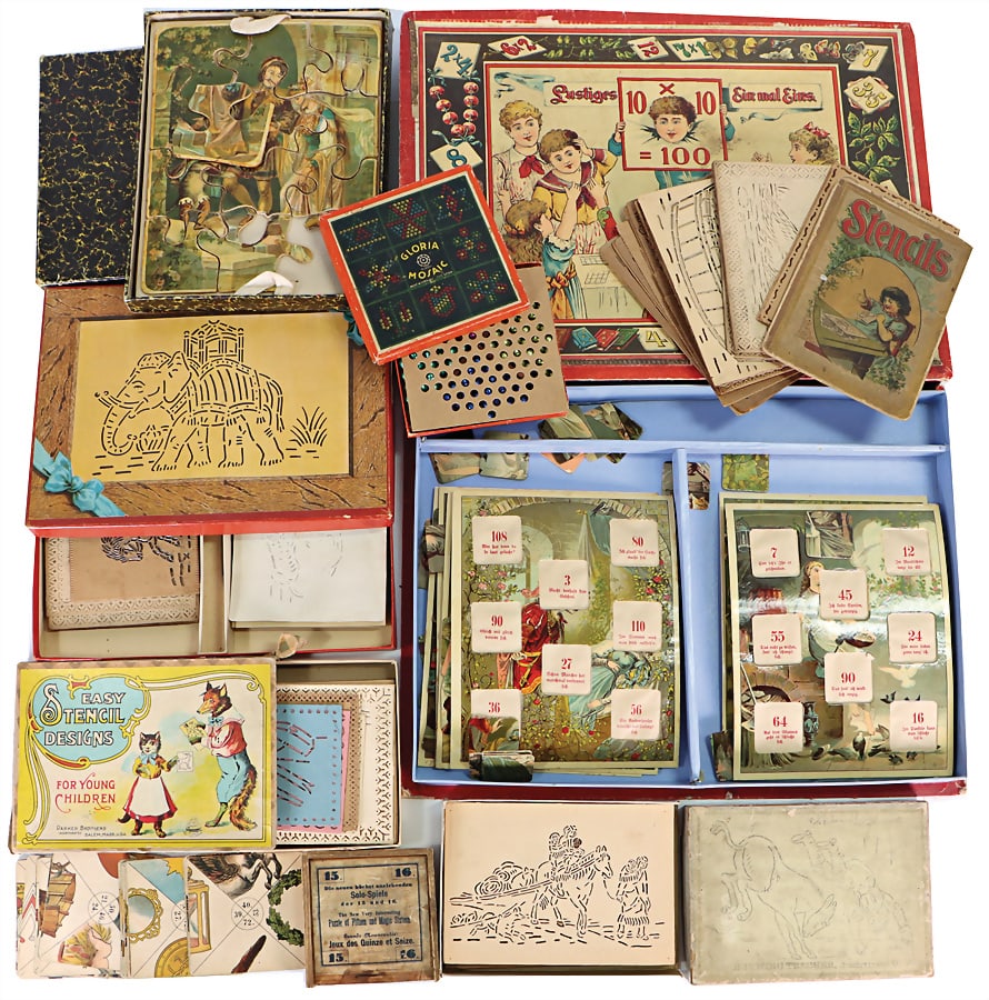 treasure chest, games, among it "1x1", puzzle-games, embroidery game, Gloria mosaic, completeness: treasure chest, games, among it "1x1", puzzle-games, embroidery game, Gloria mosaic, completeness wasn't checked German Description Fundkiste, Spiele, darunter ?1x1?, Puzzel-Spiele, Stickspiel, Gloria