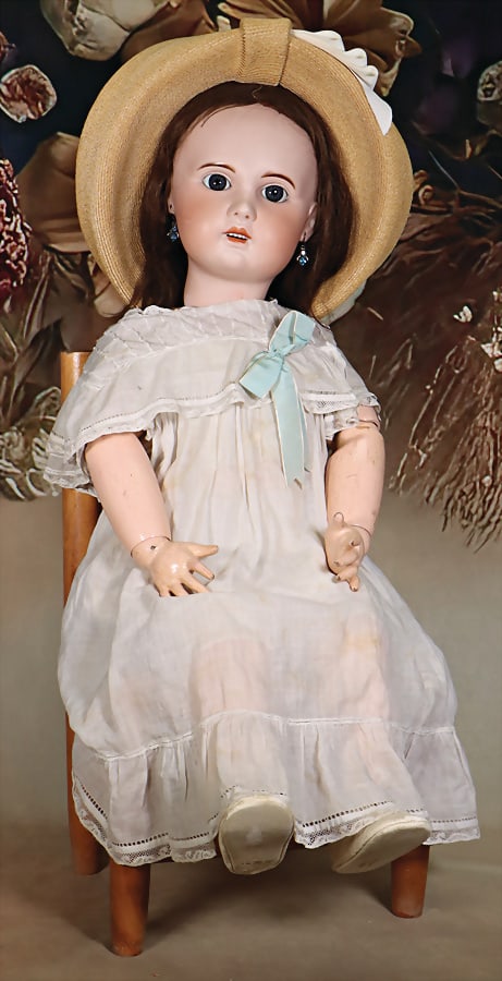 JUMEAU bisque porcelain head doll, marked 1907, size 15, 80 cm, bisque socket head, blue sleepy (1 of 3)