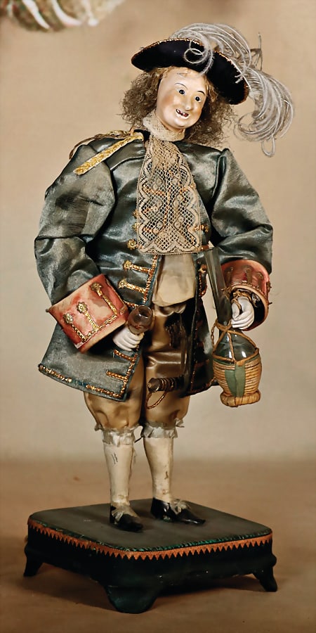 clochard with pull mechanism, c. 1850, papier mâché-head, mass wire body, with pull: clochard with pull mechanism, c. 1850, papier mâché-head, mass wire body, with pull mechanism (lifts the glass and leans forward), nice original condition, silk at the arms is caused o