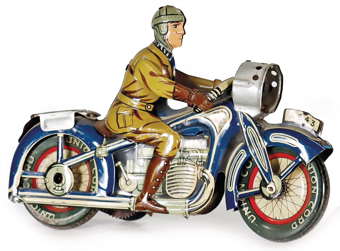 ARNOLD motorcyclist, pre-war era, sheet metal, lithographed, 19 cm, celluloid disc at headlight and (1 of 3)