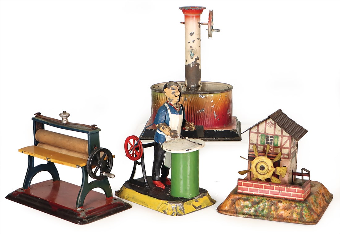 mixed lot of steam engines drive models, butcher with chopping block, sheet metal, handpainted, over (1 of 1)