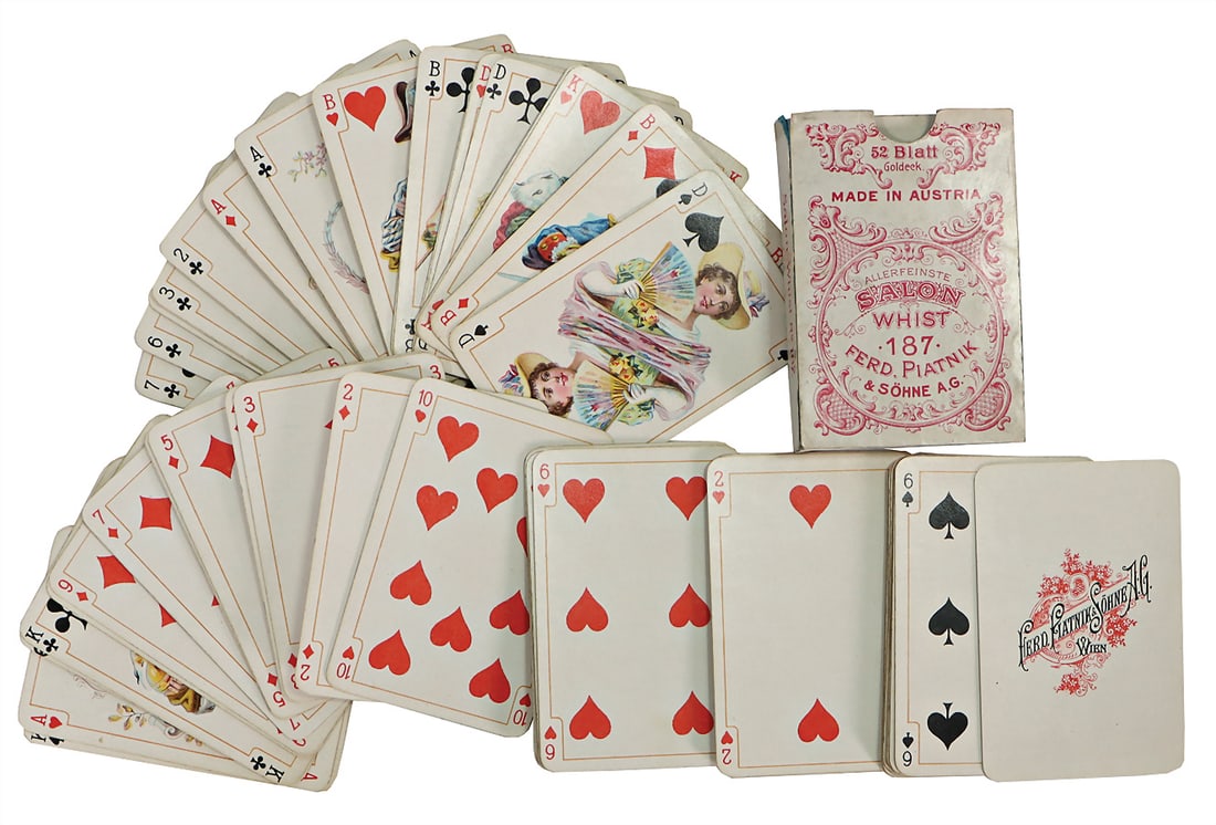 PIATNIK, WIEN Barock Whist No. 1875, 2 cards, gold corners, c. 1905, slightly used, in its original: PIATNIK, WIEN Barock Whist No. 1875, 2 cards, gold corners, c. 1905, slightly used, in its original package German Description PIATNIK, WIEN Barock Whist No. 1875, 2 Blatt, Goldecken, ca. 1905, leicht