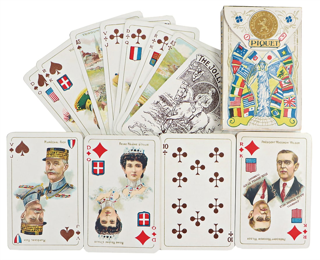 BREPOLS & DIERCKS ZOON, TURNHOUT Piquet Guerre Mondiale (war game card), 36 cards + 1 trump: BREPOLS & DIERCKS ZOON, TURNHOUT Piquet Guerre Mondiale (war game card), 36 cards + 1 trump card, gold corners, 1919, unused, in its original package German Description BREPOLS & DIERCKS ZOON, TUR