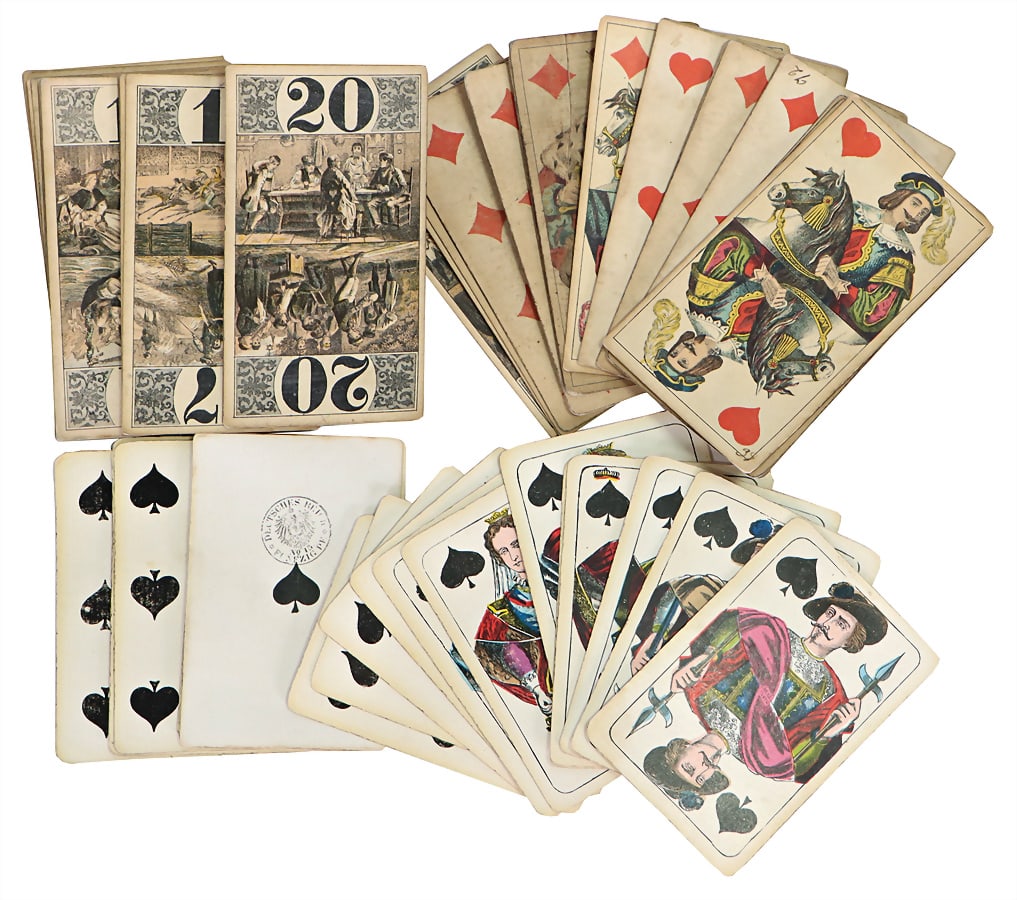 Wüst, Frankfurt genre tarot, 78 cards, around 1890, very used, Rabouge, 52 cards, around 1900,: Wüst, Frankfurt genre tarot, 78 cards, around 1890, very used, Rabouge, 52 cards, around 1900, used German Description Wüst, Frankfurt Genre Tarock, 78 Blatt, um 1890, stark gebraucht, Rabou