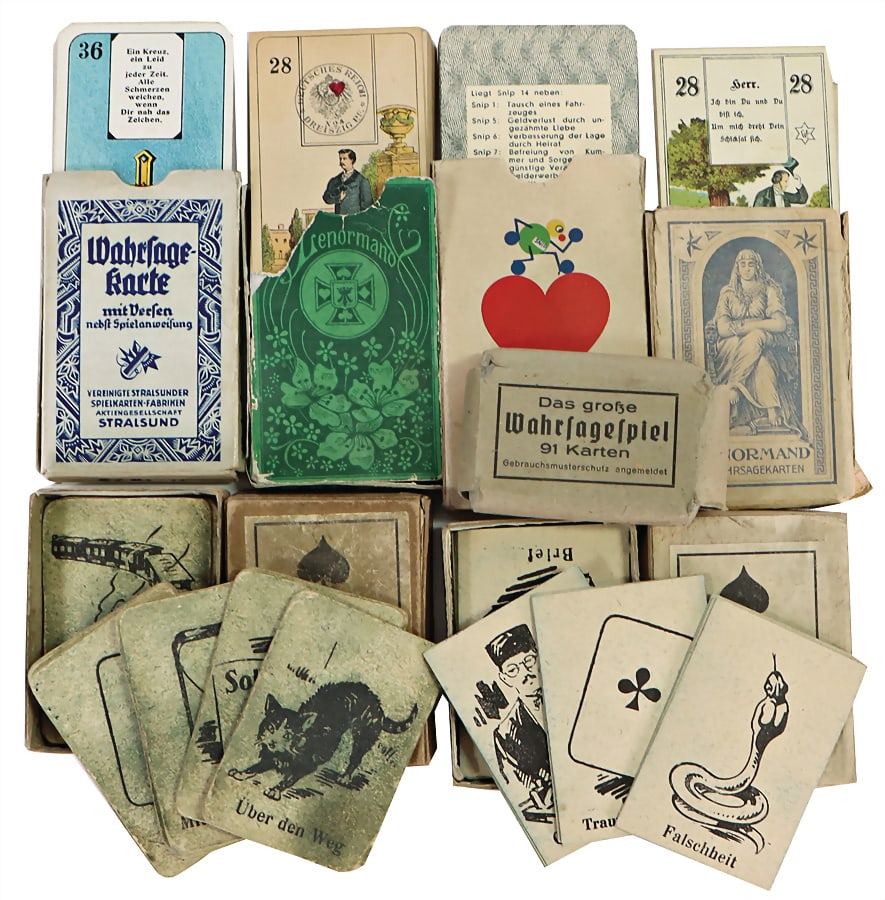 fortune-tellings cards, mostly in the original box, 7 pieces German Description Wahrsagekarten,: fortune-tellings cards, mostly in the original box, 7 pieces German Description Wahrsagekarten, meist im Orig.-Kart., 7 Teile