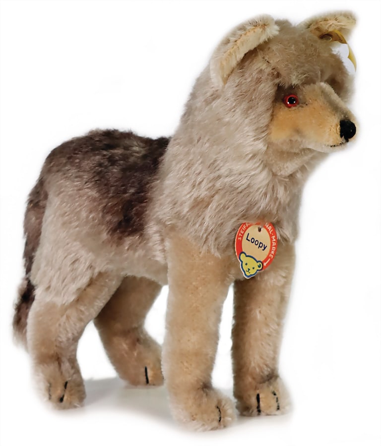 STEIFF Lupi, wolf, produced 1964, with button, chest label and  cloth tag label, No. 1325,00, 25 cm, (1 of 3)