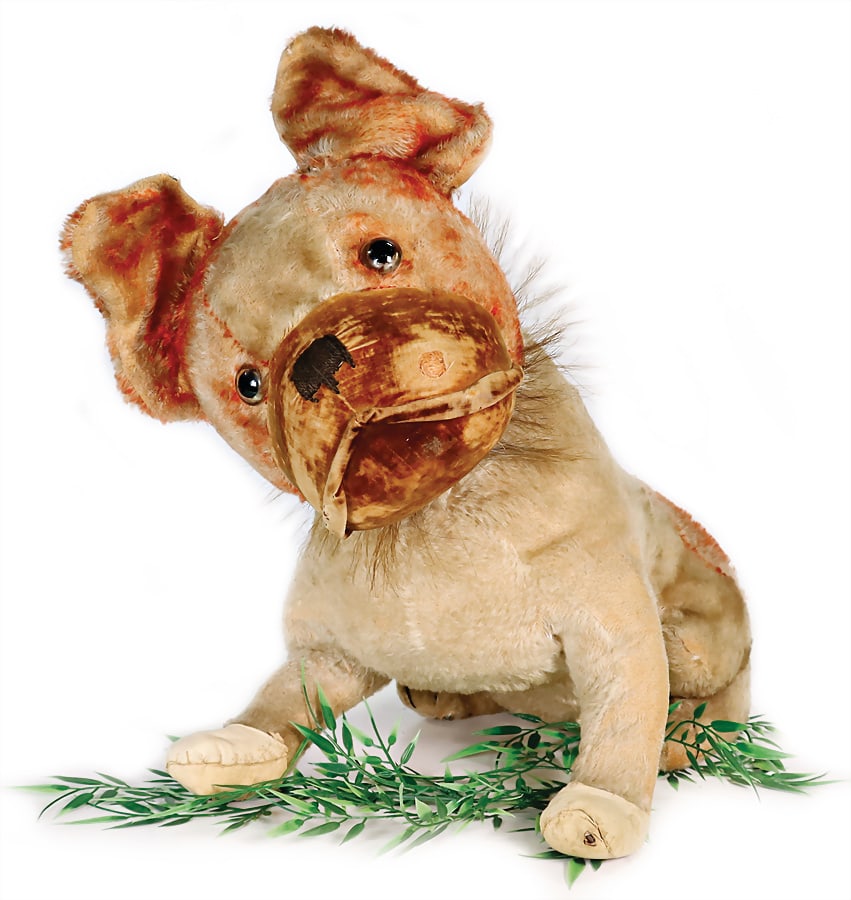 STEIFF Bulldog, produced 1912-18, 26 cm standing height, length: 43 cm, with button, block letters, (1 of 4)