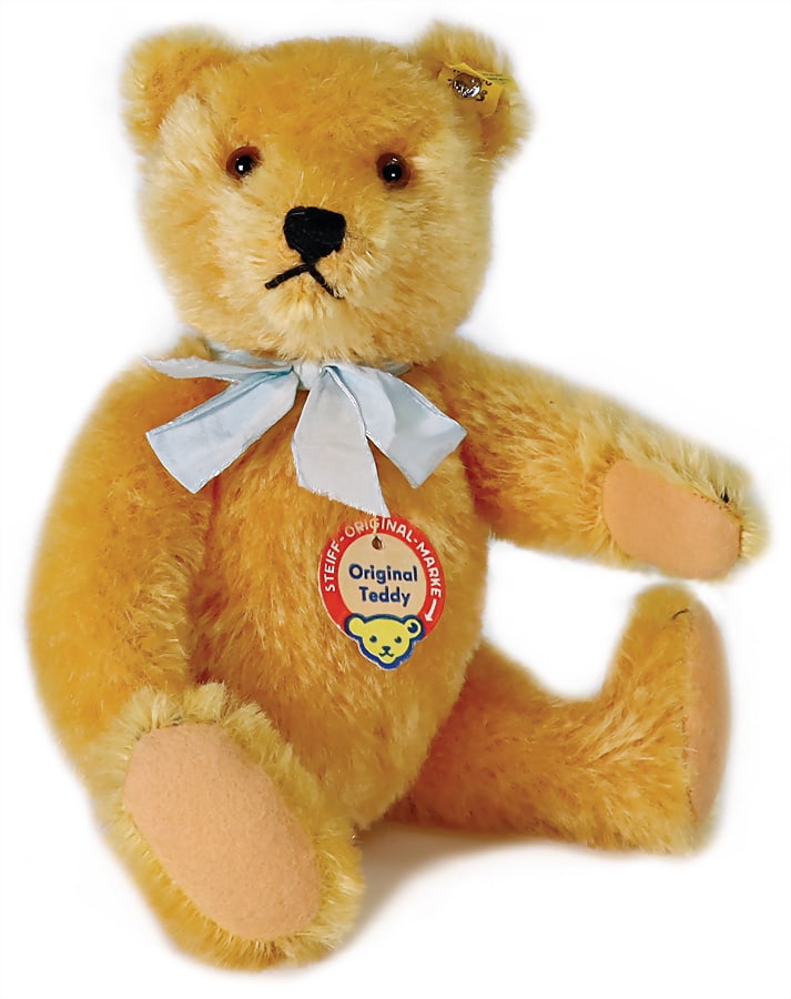 STEIFF original teddy, yellow gold mohair, 25 cm, with button, chest label and  cloth tag label, No. (1 of 4)