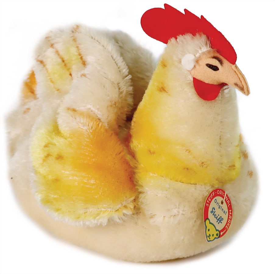 STEIFF hen, with button, chest label and  cloth tag label, unused condition, No. 7328, produced (1 of 4)