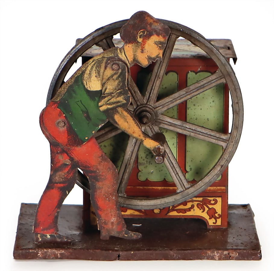 probably BING drive model, barrel organ, used condition, acoustics is intact, height: 10 cm, sheet: probably BING drive model, barrel organ, used condition, acoustics is intact, height: 10 cm, sheet metal, lithographed German Description wohl BING Antriebsmodell, Leierkasten, bespielter Zust., Akust