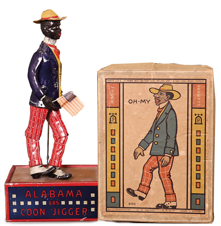 LEHMANN tap dancer Alabama Coon Jigger, No. 685, sheet metal, lithographed, German, c. 1910, worn,: LEHMANN tap dancer Alabama Coon Jigger, No. 685, sheet metal, lithographed, German, c. 1910, worn, good, clock mechanism stucks, in original box, "Sammlung Rui Granaas", CH-ID 603, the item is located