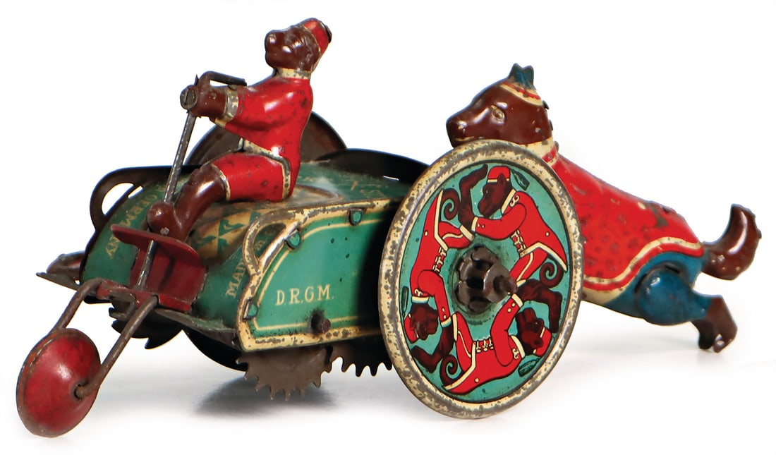 STOCK monkey car with dog, lithographed sheet metal, pre-war era, spring drive is intact, function (1 of 2)