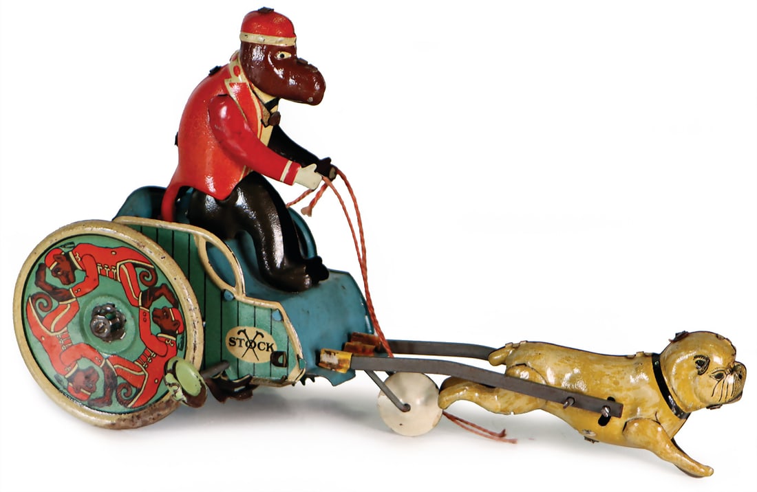 STOCK monkey car with dog, 20.5 cm, lithographed sheet metal, pre-war era, good condition, spring (1 of 2)