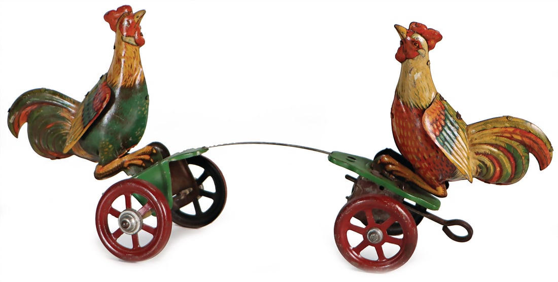 GEBRÜDER EINFALT see-saw, cockfight, lithographed sheet metal, clock mechanism is intact, 25 (1 of 2)