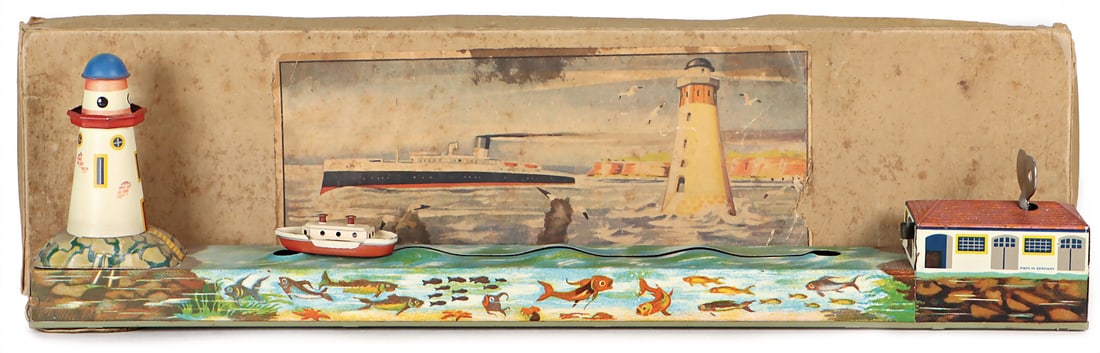ARNOLD turning railway, ship with lighthouse, lithographed sheet metal, pre-war era, length: 37.5 (1 of 1)