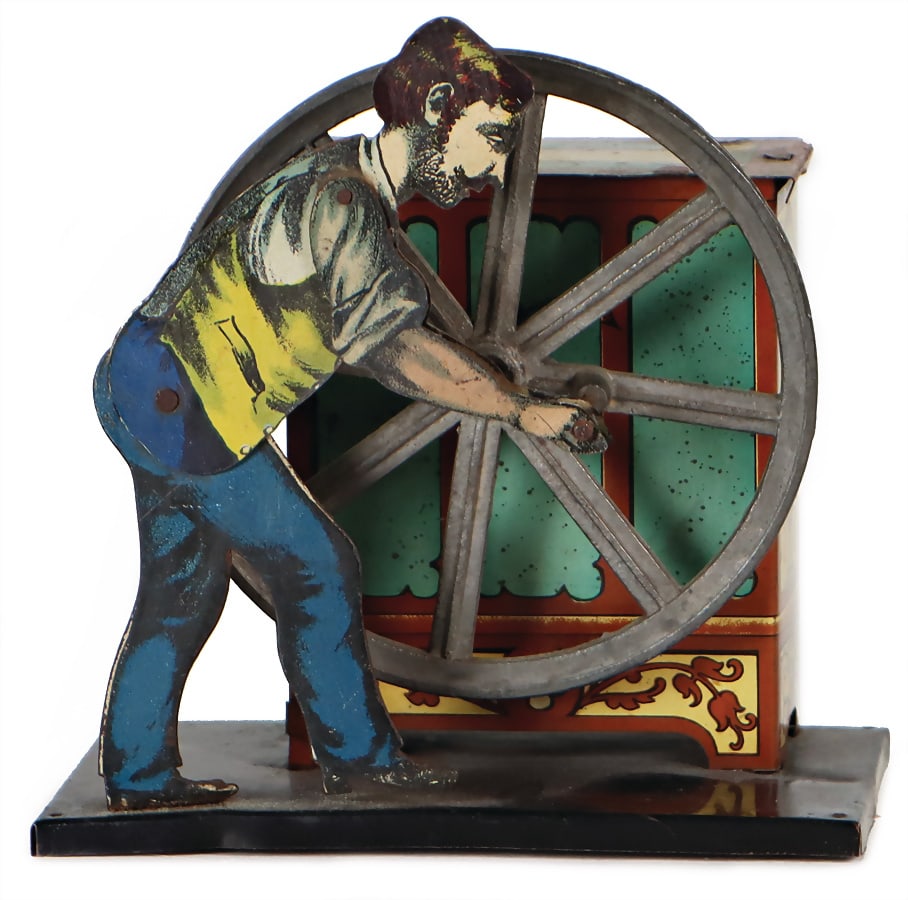 man at barrel organ, lithographed sheet metal, pre-war era, 12.5 cm, slightly worn, good condition: man at barrel organ, lithographed sheet metal, pre-war era, 12.5 cm, slightly worn, good condition German Description Mann an Drehorgel, Blech lithogr., Vorkrieg, 12,5 cm, leicht bespielt, guter Zust.