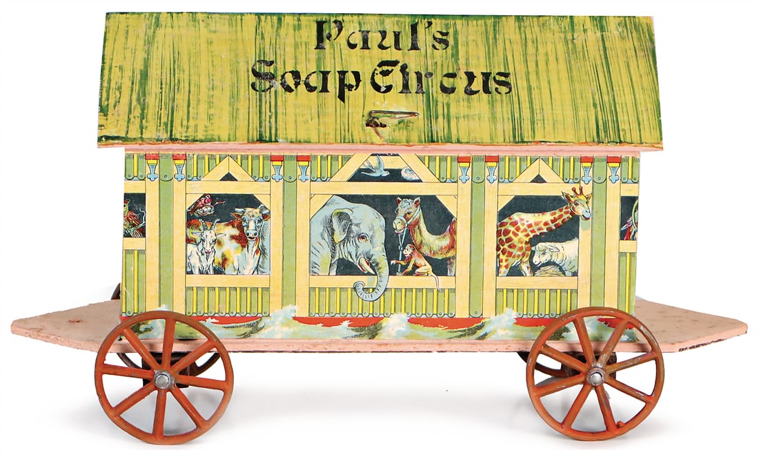 board Noah`s ark on casting wheels with spokes, wood, stuck with multicolored lithographed paper, (1 of 2)
