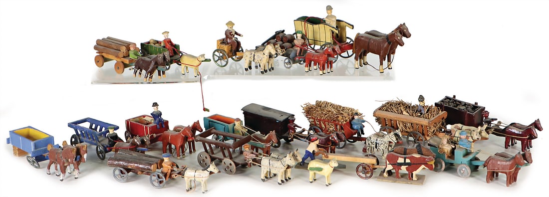 ERZGEBIRGE mixed lot of miniatures, rustic scenes, horse and carts, mostly tin wheels, mostly good (1 of 1)