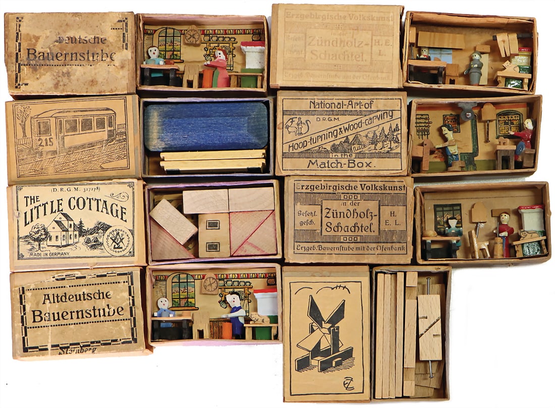 ERZGEBIRGE matchboxes toy, room, Little Cottage, old German farmers living room, tram construction (1 of 1)