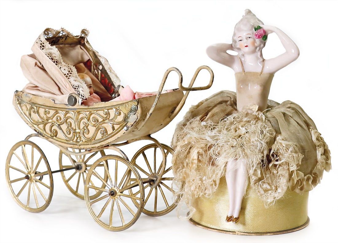 dollhouse pram, sheet metal, decorated with original canopy, height: 10 cm, length: 13 cm, depth: 6 (1 of 3)
