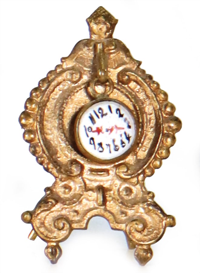 ERHARD & SÖHNE sheet brass gilded, clock for fireplace, gilded stand, height: 4 cm, with: ERHARD & SÖHNE sheet brass gilded, clock for fireplace, gilded stand, height: 4 cm, with hanging porcelain clock, porcelain clockface, handpainted, rare German Description ERHARD & SÖHNE