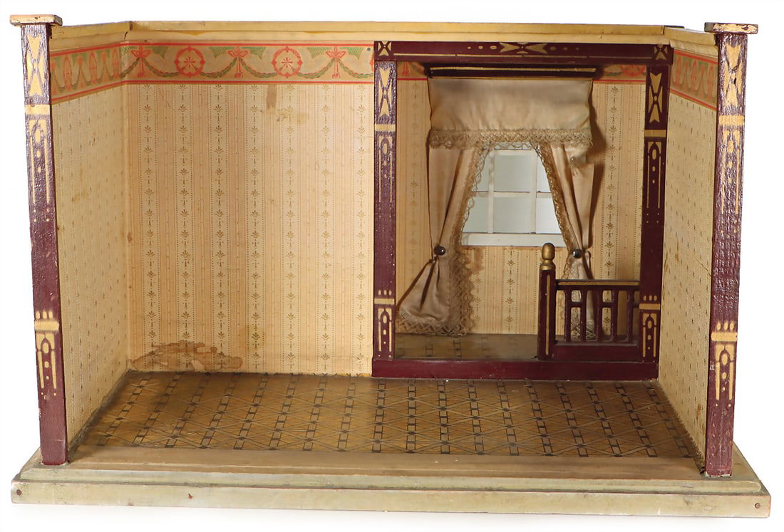 GOTTSCHALK dollhouse casing with oriel, width: 48 cm, height: 31 cm, depth: 37 cm, old wallpaper at (1 of 1)