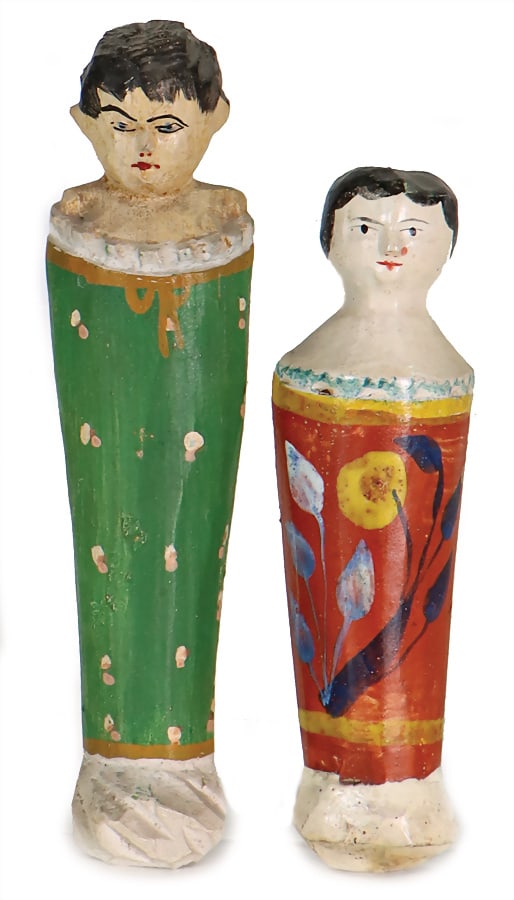 probably GRÖDNERTAL 2 pieces, swaddled babies, 14.5 and  17.5 cm, wood, colored   German (1 of 2)