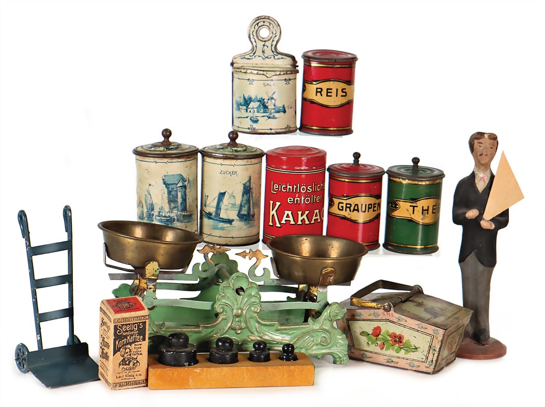 mixed lot of shop accessories, 2 tins with knob, dutchman motive, 6.5 cm, box with knob, Thee, small (1 of 1)